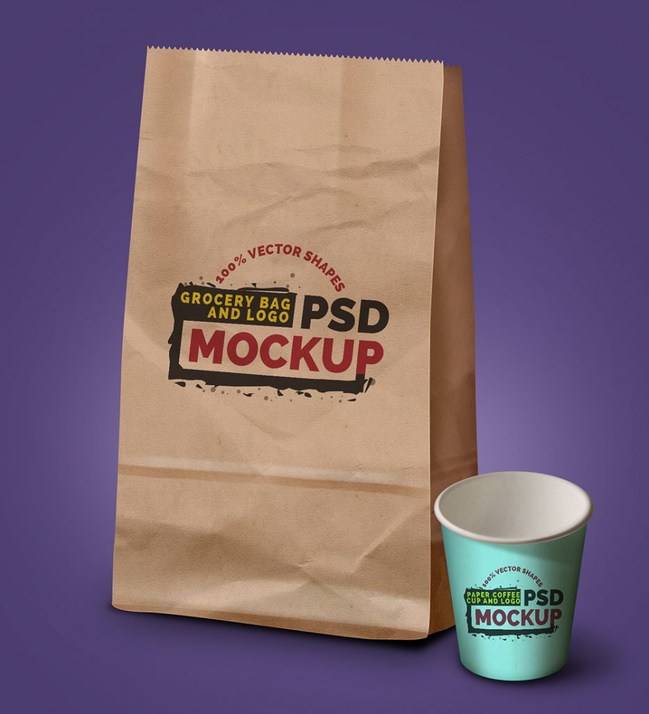 Download Grocery Bag, Coffee Cup & Logo PSD Mockup - GraphicsFuel