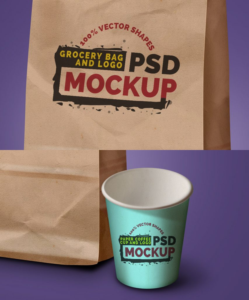 Download Grocery Bag, Coffee Cup & Logo PSD Mockup - GraphicsFuel