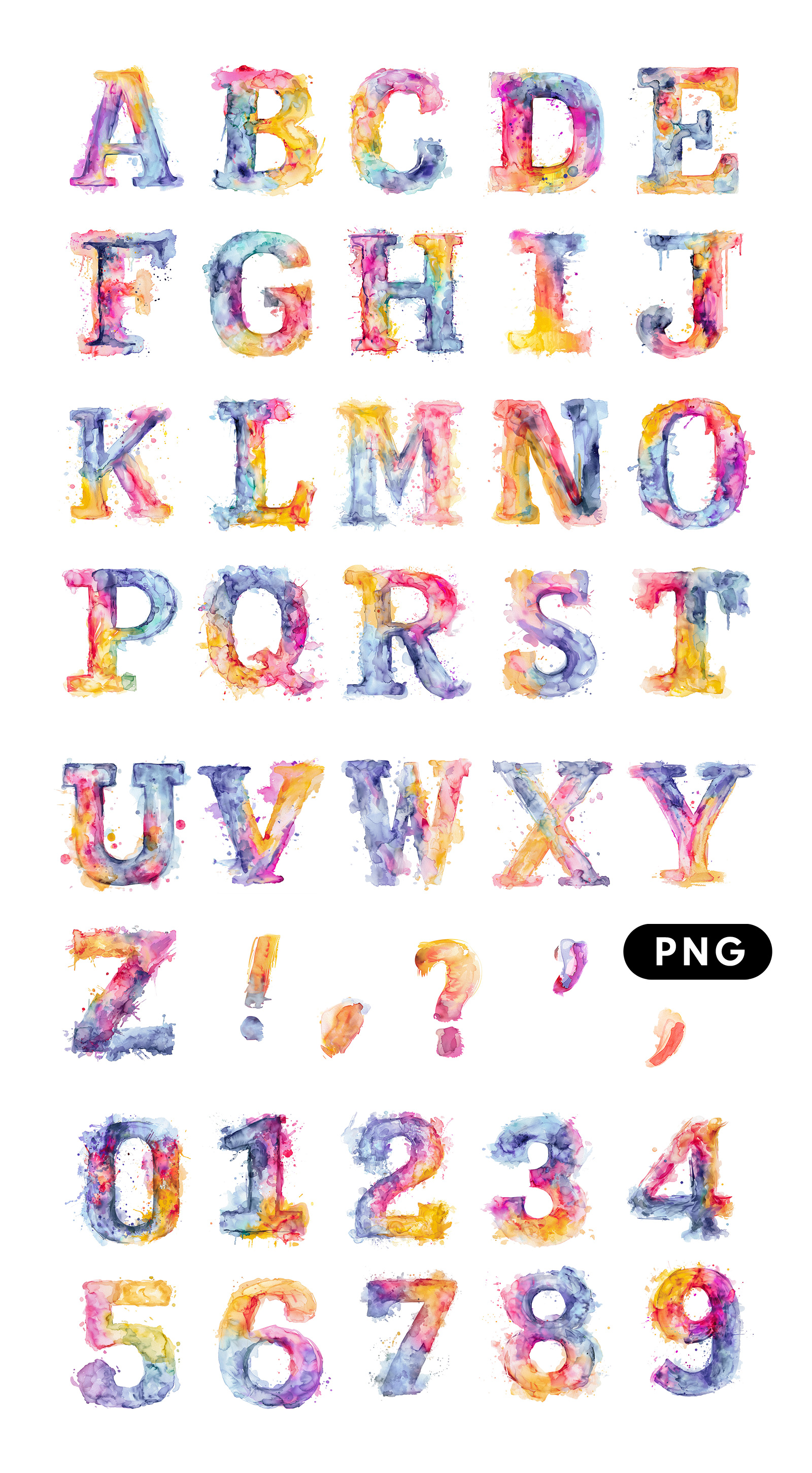 Colorful Watercolor Alphabets And Numbers