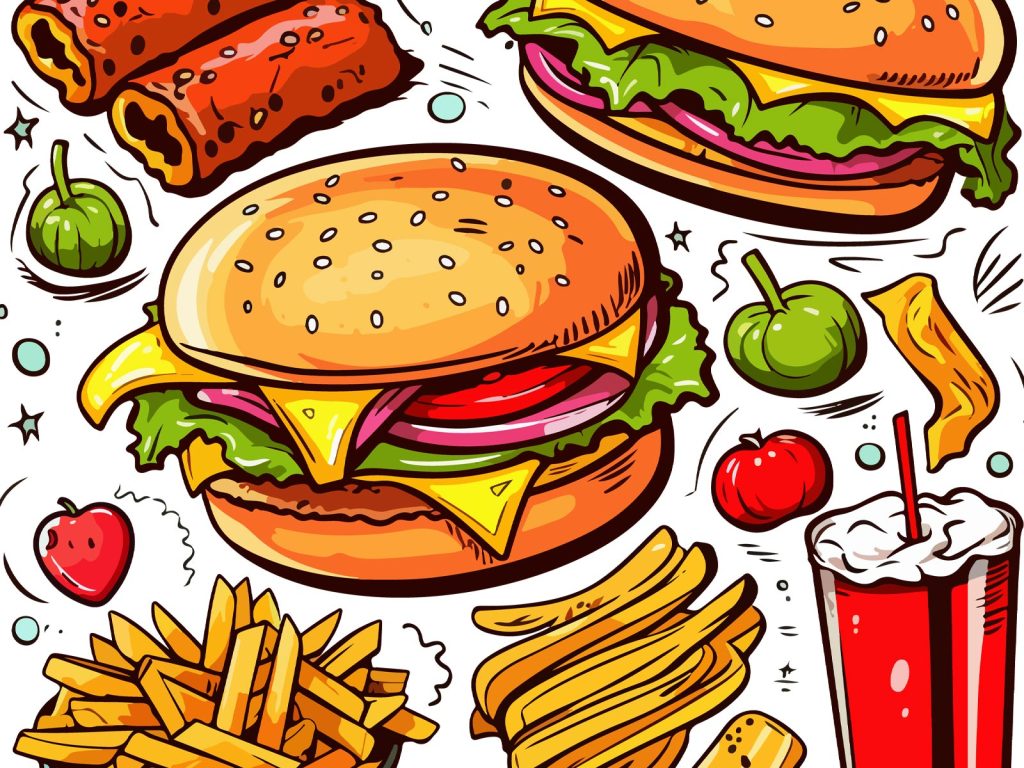 Vector Doodle Hotdog Burger Fries Illustration Background