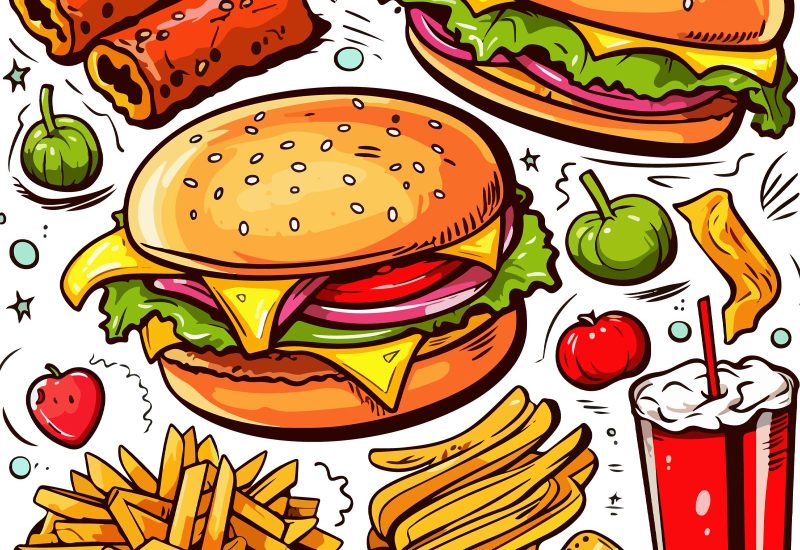 Vector Doodle Hotdog Burger Fries Illustration Background