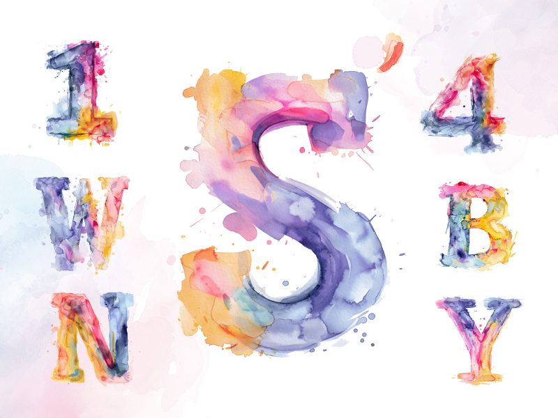 Hand-drawn Style Colorful Watercolor Alphabets And Numbers